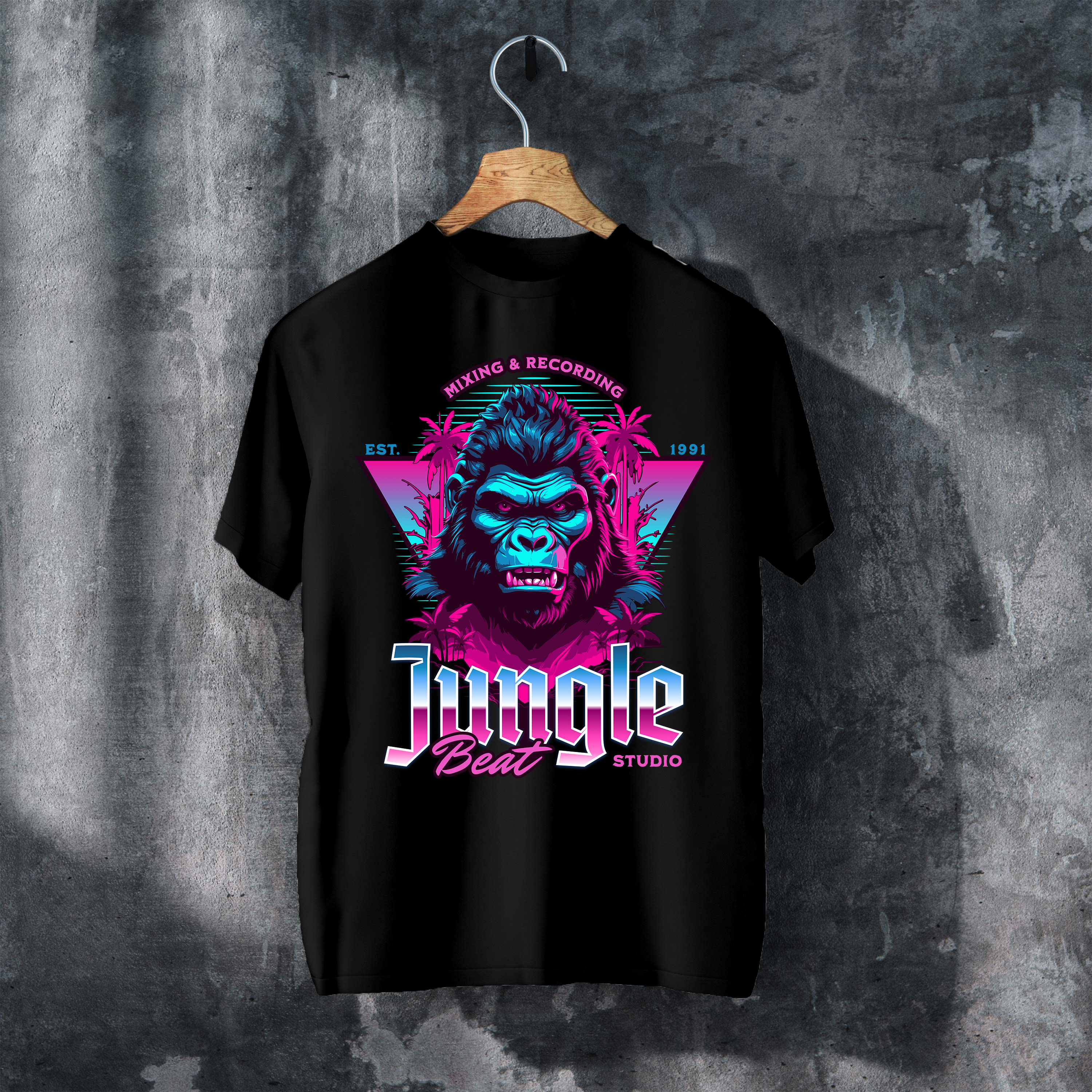 Jungle Beat Studio T-Shirt - Retro Synthwave Ape Graphic Tee (100% Cotton)