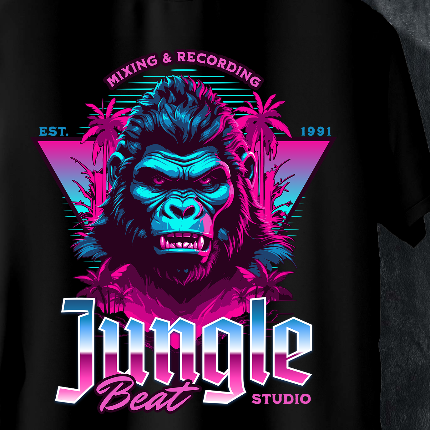 Jungle Beat Studio T-Shirt - Retro Synthwave Ape Graphic Tee (100% Cotton)